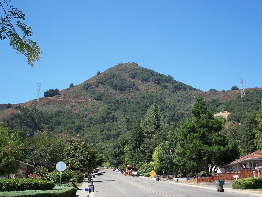 A quiet Morgan Hill, California residential street with El Toro peak rising behind the homes
